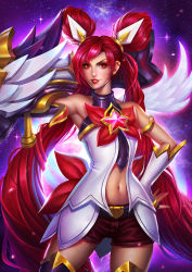 Rule 34 | 1girl, alternate costume, alternate hairstyle, armlet, asymmetrical gloves, bare shoulders, double bun, earrings, fingerless gloves, gloves, grin, hair bun, hair ornament, hand on own hip, highres, jewelry, jinx (league of legends), league of legends, lipstick, long hair, looking at viewer, magical girl, makeup, navel, nebula, red eyes, red hair, red lips, short shorts, shorts, smile, solo, star (symbol), star guardian (league of legends), star guardian jinx, tdark135, thighhighs, twintails, uneven gloves, very long hair