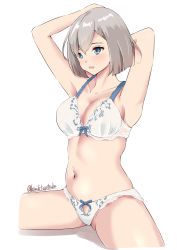 Rule 34 | 1girl, arms behind head, blue eyes, bra, breasts, cleavage, cowboy shot, cropped legs, frilled bra, frilled panties, frills, hair ornament, hairclip, hamakaze (kancolle), highres, kamikitayotsuba, kantai collection, large breasts, one-hour drawing challenge, panties, short hair, silver hair, simple background, sitting, solo, twitter username, underwear, underwear only, white background, white bra, white panties