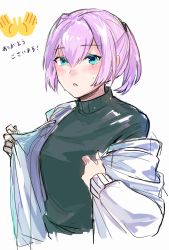 Rule 34 | 1girl, alternate costume, black sweater, blue eyes, censored, commentary request, commission, hagioshi, highres, jacket, kantai collection, novelty censor, open clothes, open jacket, pink hair, ponytail, shiranui (kancolle), short hair, simple background, solo, sweater, upper body, white background, white jacket
