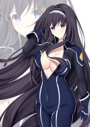 Rule 34 | 1girl, absurdres, black hair, blue bodysuit, blue eyes, blue gloves, bodysuit, breasts, cleavage, code geass, code geass: lost stories, covered navel, floating hair, gloves, hairband, head tilt, highres, katubusi kisimen, large breasts, long hair, maya disel, open hand, pilot suit, solo, very long hair, white hairband, zoom layer