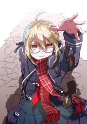 Rule 34 | 1girl, ahoge, artoria pendragon (all), artoria pendragon (fate), blonde hair, blue-framed eyewear, dark persona, fate/grand order, fate (series), gift card, glasses, google, highres, jacket, kyouna, looking at viewer, mysterious heroine x alter (fate), mysterious heroine x alter (first ascension) (fate), pile, plaid, plaid scarf, red scarf, saber (fate), scarf, school uniform, simple background, smile, solo, white background, yellow eyes