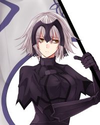 Rule 34 | 1girl, 598 (kokuya), armor, armored dress, black dress, chain, dress, eyebrows hidden by hair, fate/grand order, fate (series), flag, headpiece, highres, holding, holding flag, jeanne d&#039;arc (fate), jeanne d&#039;arc alter (avenger) (fate), jeanne d&#039;arc alter (fate), looking to the side, short hair, silver hair, simple background, solo, white background, yellow eyes