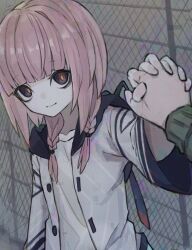 Rule 34 | 1girl, 1other, blue eyes, blue jacket, blunt bangs, braid, chain-link fence, collarbone, commentary, empty eyes, fence, film grain, hand up, highres, histoire-ange, holding hands, hood, hooded jacket, interlocked fingers, jacket, kaf (kamitsubaki studio), kamitsubaki studio, long sleeves, looking at viewer, low twin braids, medium hair, multicolored clothes, multicolored eyes, multicolored jacket, open clothes, open jacket, pale skin, palms together, pink hair, pov, pov hands, red eyes, shirt, smile, twin braids, two-tone jacket, upper body, virtual youtuber, white jacket, white shirt, yellow pupils