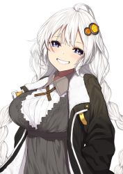 Rule 34 | 1girl, black coat, black shirt, blue eyes, blush, braid, breasts, coat, commentary, grin, hair ornament, half-closed eyes, hands in pocket, highres, kizuna akari, large breasts, light blush, long hair, looking at viewer, shirt, smile, solo, twin braids, upper body, very long hair, vocaloid, voiceroid, white hair, yappen
