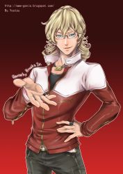 Rule 34 | 10s, 1boy, absurdres, barnaby brooks jr., blonde hair, blue eyes, character name, eyelashes, glasses, highres, jacket, jewelry, male focus, necklace, outstretched hand, perspective, red jacket, ring, solo, tiger &amp; bunny, watermark, web address, yuzuko (genie)