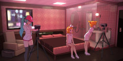 Rule 34 | 1boy, 2girls, abubu, aqua hair, bed, black legwear, blonde hair, brother and sister, couch, hairband, hatsune miku, highres, hotel room, kagamine len, kagamine rin, long hair, love hotel, multiple girls, on bed, short hair, shorts, siblings, sitting, skirt, standing, thighhighs, twintails, video camera, vocaloid, white hairband, white shorts, white skirt
