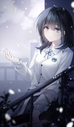 1girl, absurdres, bag, bangs, black bag, black hair, blue neckwear, blue ribbon, blurry, blurry foreground, breasts, building, buttons, cardigan, collared shirt, commentary request, cowboy shot, expressionless, eyebrows visible through hair, grey eyes, hand up, highres, hu qu, huge filesize, leaning back, long sleeves, looking ahead, medium breasts, medium hair, original, outdoors, overcast, railing, ribbon, school bag, school uniform, shirt, snow, solo, uniform, white cardigan, winter