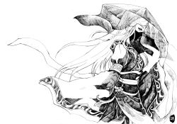 Rule 34 | 1girl, absurdres, aduan, beads, braid, chinese clothes, covered mouth, greyscale, hat, hatching (texture), highres, holding, holding clothes, holding hat, long hair, long sleeves, monochrome, original, profile, signature, simple background, sketch, solo, straw hat, veil, white background