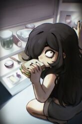 1boy absurdres black_hair eating food hair_over_one_eye highres long_hair original refrigerator roland_(ms_pigtails) sandwich sky_guy_art squatting surprised sweatdrop trap wide-eyed