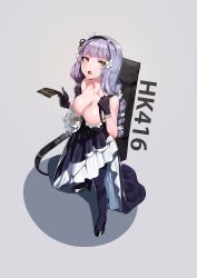 Rule 34 | 1girl, absurdres, bad id, bad twitter id, black footwear, black thighhighs, blunt bangs, blush, breasts, character name, cleavage, dress, facial mark, flower, full body, girls&#039; frontline, gloves, green eyes, grey background, hair flower, hair ornament, hairband, high heels, highres, hk416 (girls&#039; frontline), hk416 (starry cocoon) (girls&#039; frontline), holding, ihobus, large breasts, long hair, looking at viewer, multi-tied hair, official alternate costume, open mouth, purple dress, sidelocks, silver hair, simple background, skindentation, solo, strapless, strapless dress, thighhighs, very long hair, weapon bag