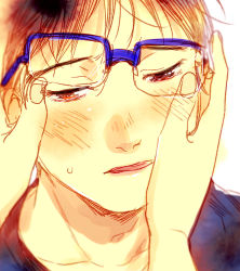 Rule 34 | 1boy, bad id, bad pixiv id, blue-framed eyewear, blue shirt, blush, brown eyes, brown hair, close-up, crying, crying with eyes open, fingernails, glasses, half-closed eyes, hands on another&#039;s cheeks, hands on another&#039;s face, katsuki yuuri, looking away, male focus, pov, pov hands, shirt, short hair, simple background, solo focus, sweatdrop, tadano53, tears, upper body, white background, yuri!!! on ice