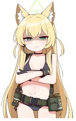 1girl absurdres animal_ear_fluff animal_ears bikini black_bikini black_choker black_gloves blonde_hair blue_archive choker costume_request cowboy_shot crossed_arms disgust fox_ears gloves gluteal_fold green_eyes green_halo halo highres injury kurumi_(blue_archive) military navel rarara_(pixiv_14765246) shaded_face short_twintails simple_background solo swimsuit twintails two_side_up white_background