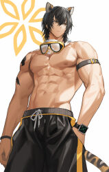 Rule 34 | 1boy, abs, animal ears, arknights, arm tattoo, black hair, black shorts, broca (arknights), closed mouth, cowboy shot, goggles, goggles around neck, hand in pocket, highres, male focus, medium hair, muscular, muscular male, navel, nipples, pectorals, serious, shorts, simple background, smartwatch, solo, tail, tattoo, tiger boy, tiger ears, tiger tail, watch, white background, wrist belt, wristband, wristwatch, zerg (z79438659)