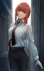 Rule 34 | 1girl, absurdres, belt, black necktie, black pants, blood, blood on face, braid, braided ponytail, breasts, chainsaw man, collared shirt, hair between eyes, highres, long hair, long sleeves, makima (chainsaw man), miyanami 3, necktie, orange eyes, pants, red hair, shirt, smile, solo, white shirt