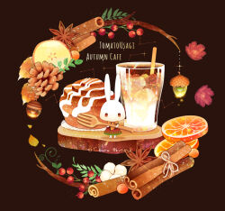 Rule 34 | acorn, animal, animal focus, apple, apple juice, apple slice, ascot, autumn, berry, black background, brown eyes, brown skirt, cinnamon roll, cinnamon stick, clothed animal, commentary, constellation, drinking straw, english text, flower, food, food focus, fork, frilled skirt, frilled sleeves, frills, fruit, glass, holding, holding fork, ice, ice cube, juice, lantern, medium skirt, no humans, no mouth, orange (fruit), orange slice, original, oversized food, oversized object, petals, pinecone, pink flower, plant, rabbit, shirt, short sleeves, simple background, skirt, sparkle, star anise (spice), straight-on, subaru (jack), tree stump, twitter username, vines, yellow ascot, yellow shirt, yellow sleeves