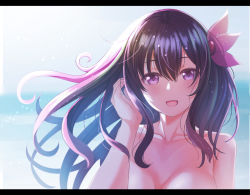 Rule 34 | 1girl, black border, border, breasts, brown hair, hair between eyes, hair ornament, kantai collection, kisaragi (kancolle), letterboxed, long hair, looking at viewer, medium breasts, ocean, open mouth, portrait, purple eyes, smile, solo, takamichis211
