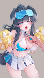 Rule 34 | 1boy, 1girl, absurdres, animal ears, bare shoulders, black hair, blue archive, blue eyes, blue skirt, blush, breasts, cheerleader, cleavage, collarbone, cowboy shot, crop top, dog ears, dog girl, dog tail, eyewear on head, grey background, hair between eyes, heart, heart-shaped pupils, hibiki (blue archive), hibiki (cheer squad) (blue archive), highres, holding, holding pom poms, large breasts, leaning forward, long hair, looking at viewer, midriff, millennium cheerleader outfit (blue archive), miniskirt, navel, necktie, official alternate costume, pom pom (cheerleading), pom poms, ponytail, saliva, saliva trail, shirt, sidelocks, simple background, skirt, sleeveless, standing, stomach, symbol-shaped pupils, tail, thighs, tongue, tongue out, wakaba (945599620), white skirt