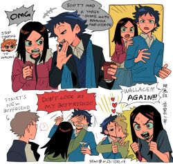 Rule 34 | 1girl, 2boys, ?, black hair, blue sweater, blush, breasts, brown hair, character request, coat, cocktail glass, commentary request, covering another&#039;s eyes, cup, disposable cup, drinking glass, english text, heart, holding, holding cup, kiss, long hair, looking at another, miyage no nukegara, multiple boys, open mouth, pulling own hair, scott pilgrim, scott pilgrim (series), shirt, short hair, short sleeves, shouting, simple background, small breasts, smile, speech bubble, stacey pilgrim, sweater, thumbs up, translation request, wallace wells, white background, yaoi