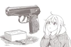 Rule 34 | 1girl, brown theme, bullet, character request, coat, cyrillic, dated, daydream, gun, handgun, horikou, kagamihara nadeshiko, long hair, long sleeves, makarov pm, monochrome, parted lips, pistol, pocket pistol, real life, russian text, scarf, signature, simple background, solo, soviet, translation request, weapon, white background, yurucamp