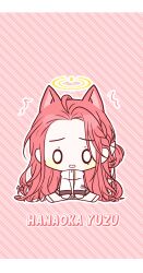 Rule 34 | 0 0, 1girl, ^^^, animal ear fluff, animal ears, blue archive, braid, cat ears, character name, chibi, diagonal stripes, forehead, full body, hair ribbon, halo, highres, jacket, kemonomimi mode, looking at viewer, parted lips, pink background, power symbol, red hair, ribbon, seno (senohime), shoes, sitting, solo, striped, striped background, teardrop, white footwear, white jacket, white ribbon, yuzu (blue archive)
