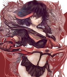 Rule 34 | 1girl, absurdres, artist logo, black hair, breasts, cleavage, gloves, hair between eyes, highres, holding, holding weapon, kill la kill, lips, looking at viewer, matoi ryuuko, navel, parkjinsuky, parted lips, pleated skirt, red background, red eyes, short hair, skirt, solo, upper body, weapon, white background