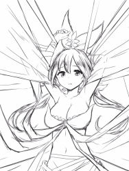 Rule 34 | 10s, 1girl, arms up, breasts, granblue fantasy, greyscale, huge breasts, long hair, monochrome, navel, plant girl, sketch, solo, yggdrasill (granblue fantasy), zaxwu