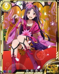 Rule 34 | 10s, 1girl, card (medium), cherry blossoms, collarbone, detached sleeves, flower, hair flower, hair ornament, japanese clothes, long hair, looking at viewer, open mouth, pink flower, pointy ears, purple hair, red eyes, red ribbon, ribbon, sitting, solo, sword art online, yuuki (sao)