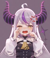 Rule 34 | 1girl, ahoge, angry, ascot, braid, crying, detached sleeves, fang, fangs, half-closed eye, highres, hololive, horns, la+ darknesss, long hair, long sleeves, multicolored hair, neko no fuji, o-ring, pointy ears, puffy long sleeves, puffy sleeves, purple hair, skin fang, solo, streaked hair, striped horns, tail, tears, upper body, virtual youtuber, white hair, wiping tears, yellow ascot, yellow eyes