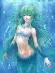 Rule 34 | 1girl, air bubble, bandeau, bare shoulders, blush, breasts, cleavage, front-tie top, green hair, highres, jewelry, kyol-2, lips, long hair, looking at viewer, mermaid, midriff, monster girl, muromi-san, namiuchigiwa no muromi-san, navel, necklace, red eyes, scales, small breasts, smile, solo, strapless, tube top, two side up, underwater, very long hair