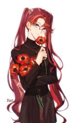 Rule 34 | akaba rei, alternate costume, arm across waist, black skirt, black sweater, character name, commentary, cowboy shot, english commentary, flower, flower request, glasses, grey eyes, hair ornament, hands up, high-waist skirt, highres, holding, holding flower, jewelry, light smile, long hair, looking at viewer, multicolored hair, naoki (2rzmcaizerails6), necklace, parted bangs, pendant, red flower, red hair, semi-rimless eyewear, simple background, skirt, sweater, turtleneck, turtleneck sweater, twintails, upper body, very long hair, white background, yu-gi-oh!, yu-gi-oh! arc-v