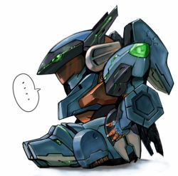 Rule 34 | ..., chibi, from side, green eyes, jehuty, mecha, no humans, open hand, orbital frame (zone of the enders), robot, science fiction, sitting, solo, spoken ellipsis, vuccha, white background, zone of the enders