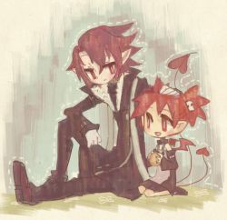 Rule 34 | 1boy, 1girl, brother and sister, choker, demon boy, demon girl, demon tail, demon wings, disgaea, disgaea d2, earrings, etna (disgaea), jewelry, kazamine (stecca), long sleeves, nippon ichi, open mouth, pointy ears, red eyes, red hair, scarf, short hair, siblings, skull, tail, twintails, wings, xenolith