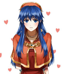 Rule 34 | 1girl, arms behind back, blue eyes, blue hair, capelet, clenched teeth, collarbone, delsaber, dress, fire emblem, fire emblem: the binding blade, hair between eyes, hat, heart, lilina (fire emblem), long hair, looking at viewer, nintendo, orange capelet, red dress, red hat, solo, straight hair, teeth, upper body, very long hair, white background