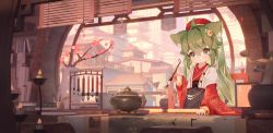Rule 34 | 1girl, absurdres, animal ear fluff, animal ears, architecture, blue eyes, blush, book, calligraphy brush, candle, cherry blossoms, closed mouth, commentary request, day, east asian architecture, flower pot, gold trim, green hair, hand up, highres, holding, indoors, japanese clothes, kimono, long hair, original, paintbrush, pen, red headwear, red kimono, shadow, shijiuuuuuuu, sidelocks, solo, twintails, wide sleeves, window