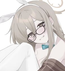 Rule 34 | 1girl, akane (blue archive), akane (bunny) (blue archive), animal ears, bare shoulders, blue archive, bow, bowtie, breasts, brown eyes, brown hair, cleavage, detached collar, fake animal ears, glasses, hair between eyes, hairband, hakuhatsu, halo, highres, knees up, long hair, medium breasts, off shoulder, open mouth, rabbit ears, sitting, smile, solo