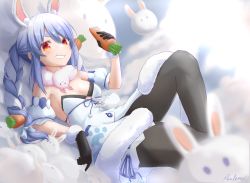 Rule 34 | 1girl, absurdres, animal ears, artist name, bad id, bad pixiv id, black gloves, black pantyhose, blue hair, blurry, breasts, carrot, carrot hair ornament, commentary, depth of field, don-chan (usada pekora), food, food-themed hair ornament, gloves, grin, hair ornament, highres, holding, holding food, holding vegetable, hololive, knee up, long hair, looking at viewer, lying, multicolored hair, on back, orange eyes, pantyhose, reulem, signature, small breasts, smile, teeth, twintails, two-tone hair, usada pekora, usada pekora (1st costume), vegetable, virtual youtuber