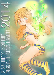 Rule 34 | 10s, 1girl, 2014, absurdres, animal print, bikini, birthday, blue eyes, boots, character name, cosplay, dated, electricity, electrokinesis, flat chest, glasses, happy birthday, highres, horns, index finger raised, knee boots, lightning, long hair, looking at viewer, lum, lum (cosplay), magic, multicolored background, oni, orange hair, perrine h. clostermann, smile, solo, strike witches, swimsuit, terao hiroyuki, tiger print, urusei yatsura, world witches series