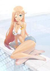 Rule 34 | 1girl, arm support, ass, barefoot, bikini, bikini top only, blue eyes, bracelet, breasts, brown hair, chain-link fence, check translation, cleavage, denim, denim shorts, feet, fence, gyaru, highres, jewelry, large breasts, legs, legs folded, light smile, lips, long hair, one eye closed, original, pandaun, pool, poolside, revision, shallow water, short shorts, shorts, shorts tan, solo, sun tattoo, swimsuit, tan, tanline, translation request, water