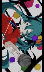 Rule 34 | 1girl, 311 airy, :&gt;, aqua eyes, aqua hair, black ribbon, candy, disembodied eye, dot nose, dress, extra eyes, eyeball, food, hair ornament, hatsune miku, highres, lollipop, long hair, looking at viewer, psi (vocaloid), red dress, ribbon, simple background, twintails, very long hair, vocaloid