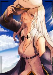 Rule 34 | 1girl, azur lane, bare shoulders, blue sky, blush, breasts, cleavage, cloud, collared shirt, day, enterprise (azur lane), hand on headwear, hat, head tilt, highres, large breasts, long hair, long sleeves, looking at viewer, necktie, otsunabe (naabe delta), peaked cap, purple eyes, shaded face, shirt, silver hair, skirt, sky, sleeveless, sleeveless shirt, smile, solo, sweatdrop, very long hair, viewfinder, white shirt