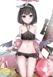 Rule 34 | 1girl, :o, bad id, bad twitter id, bare shoulders, bikini, black bikini, black footwear, black hair, black wings, blue archive, blush, collarbone, copyright request, food, frilled bikini, frills, gluteal fold, gun, hair ribbon, hairband, halo, holding, holding food, jacket, kneeling, long sleeves, looking at viewer, low wings, mashiro (blue archive), mashiro (swimsuit) (blue archive), nail polish, navel, off shoulder, open clothes, open jacket, parted lips, pink jacket, pink nails, popsicle, purple eyes, ribbon, rifle, sandals, scope, shiwa (siwaa0419), sniper rifle, solo, star (symbol), swimsuit, weapon, white background, white hairband, white ribbon, winged halo, wings