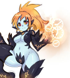 Rule 34 | 1girl, alternate costume, alternate form, belly, black legwear, body markings, breasts, choker, clock, colored sclera, colored skin, crotch plate, detached sleeves, feet out of frame, gloves, glowing, glowing hand, hairband, hand up, highres, long hair, magic, maniacpaint, medium breasts, midna, multicolored skin, navel, neon trim, nintendo, no headwear, no headwear, no headwear, orange hair, pale skin, pendant choker, pointy ears, ponytail, red eyes, runes, solo, the legend of zelda, the legend of zelda: twilight princess, thick thighs, thighs, two-tone skin, white background, wide hips, yellow sclera