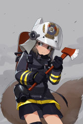 Rule 34 | 1girl, arknights, axe, black gloves, black jacket, black shorts, brown eyes, brown hair, chin strap, closed mouth, commentary, cowboy shot, english commentary, fire hydrant, gas mask, gloves, grey background, helmet, highres, holding, holding axe, jacket, jason kim, large tail, looking to the side, mask, shaw (arknights), short hair, short shorts, shorts, simple background, smoke, solo, squirrel tail, strap, striped, tail, tsurime, walkie-talkie, white headwear