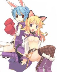 Rule 34 | 10s, 2girls, animal ears, belt, blonde hair, blue hair, boots, boxing gloves, breasts, bunny (trickster), cat (trickster), cat ears, cat tail, cross, gloves, medium breasts, multiple girls, nipples, nude, nude filter, purple eyes, rabbit ears, rabbit tail, red eyes, tail, thighhighs, third-party edit, trickster (ntreev soft)