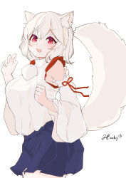Rule 34 | 1girl, absurdres, animal ears, armpit crease, blue skirt, blush, detached sleeves, fang, fluffy, fur, hair between eyes, hands up, highres, hinokey (hinokey0126), inubashiri momiji, looking at viewer, messy hair, pleated skirt, red eyes, shirt, short hair, signature, simple background, skirt, sleeveless, sleeveless shirt, smile, solo, tail, touhou, white background, white hair, white shirt, wolf ears, wolf girl, wolf tail