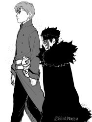 Rule 34 | 2boys, age difference, aged up, bakapandy, coat, eyeliner, facial mark, father and son, forehead protector, fur coat, gaara (naruto), gourd, height difference, makeup, male focus, monochrome, multiple boys, naruto (series), shinki (naruto)