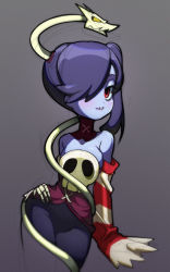 Rule 34 | 1girl, blue hair, blue skin, blush, bubene, colored skin, cowboy shot, detached collar, detached sleeves, dress, grey background, hair over one eye, hand on own hip, highres, looking at viewer, parted lips, red eyes, side ponytail, skeletal arm, sketch, skullgirls, smile, solo, squigly (skullgirls), striped sleeves, zombie
