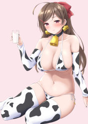 Rule 34 | 1girl, ahoge, alternate costume, animal print, arm warmers, bell, bikini, blush, bow, breasts, brown hair, cleavage, closed mouth, commentary request, cow print, cowbell, cup, ear tag, hair ornament, hairclip, highres, holding, holding cup, kantai collection, large breasts, long hair, looking at viewer, mamiya (kancolle), milk, neck bell, pink background, red bow, red eyes, side-tie bikini bottom, simple background, sitting, solo, swimsuit, takomeshi, thighhighs