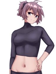 Rule 34 | 1girl, absurdres, alternate costume, aoba (kancolle), black scrunchie, black sweater, blue eyes, hair ornament, hair scrunchie, hand on own hip, highres, ikadamo, kantai collection, looking at viewer, messy hair, midriff, navel, ponytail, purple hair, scrunchie, simple background, smile, solo, sweater, turtleneck, turtleneck sweater, upper body, white background