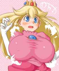 Rule 34 | 1girl, alternate breast size, blonde hair, blue eyes, blush, breast expansion, breasts, covered erect nipples, crown, dress, elbow gloves, gloves, hat, huge breasts, long hair, mario (series), nintendo, open mouth, princess, princess peach, solo, surprised, surprised arms, torathi